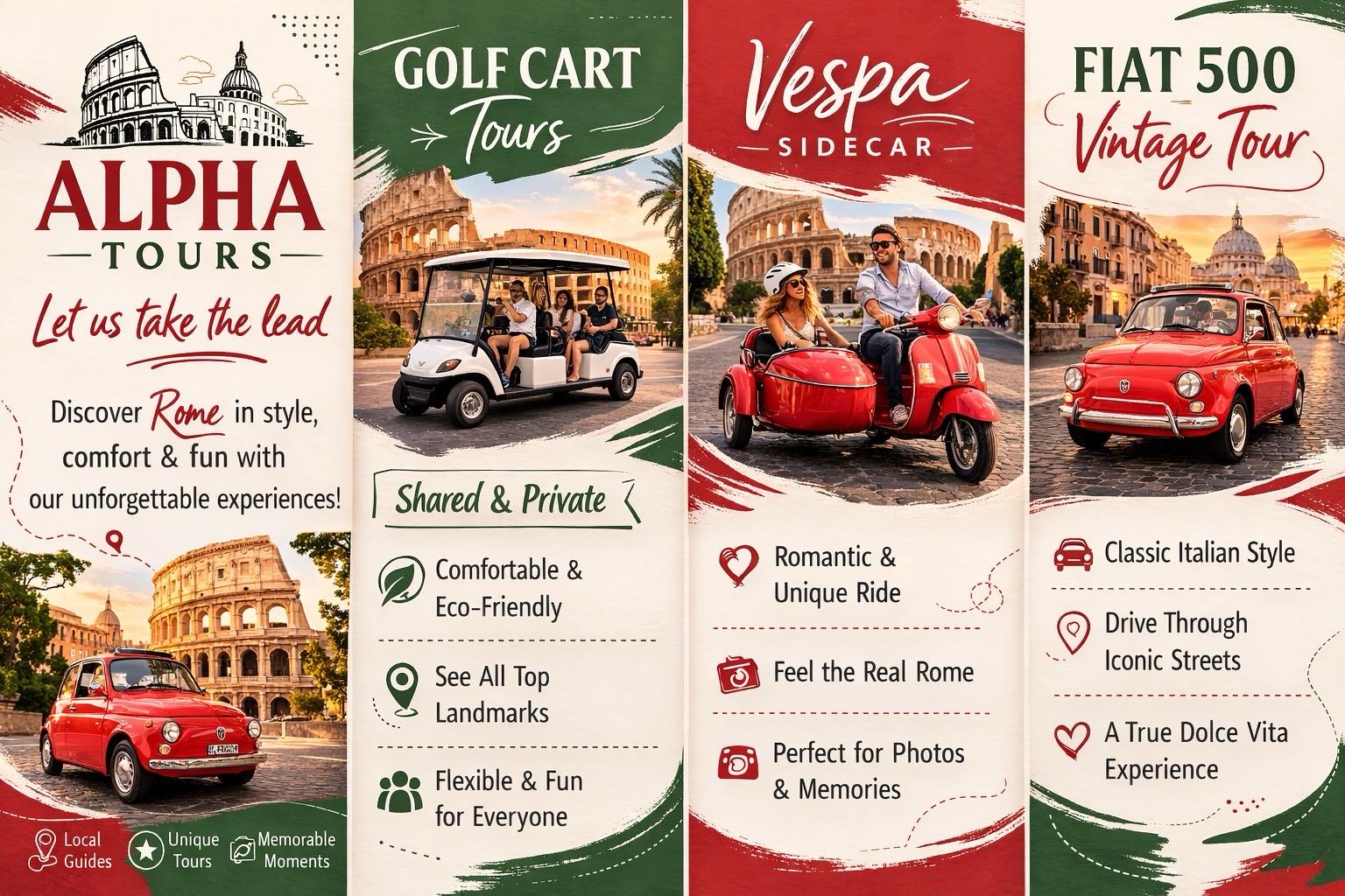 Alpha Tours Rome — Golf Cart, Vespa Sidecar and Fiat 500 Vintage tours